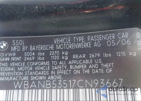 2007 BMW 550I from USA, damaged, VIN WBANB53517CN93667